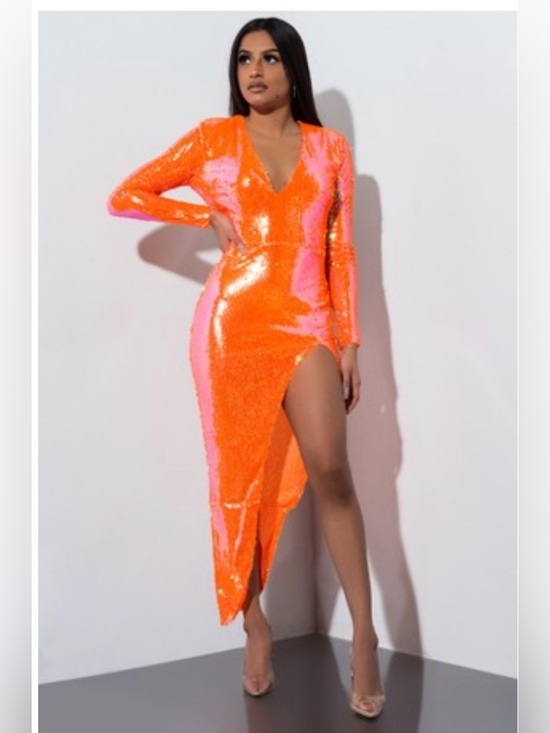 AKIRA Dresses & Skirts - AKIRA Neon Orange Sequin Deep V Long Sleeve Gown